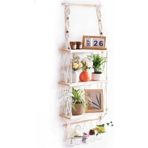 Macrame Wall Hanging Shelf 3 Tier Wood Boho Floating Shelf with Hooks Rack - Picture 7 of 7